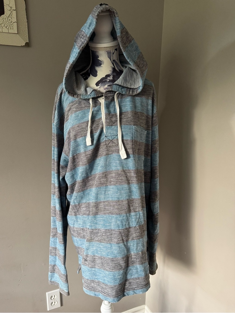 Y2K 100% Cotton KR3W Blue & Grey Striped Hooded Pullover